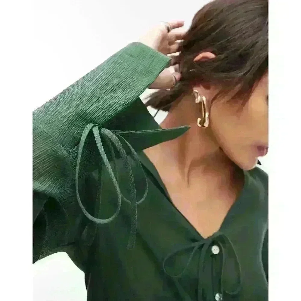 Topshop Button Down Cropped Blouse in bottle green Size 12 - Picture 2 of 9